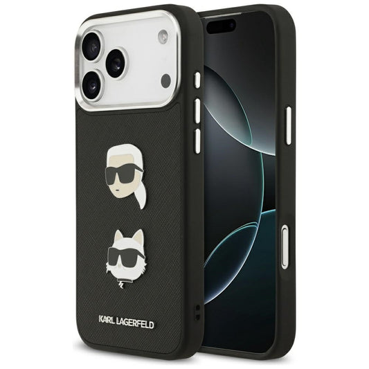 Case for Apple iPhone 17 Pro Max, Karl Lagerfeld, Grained Karl & Choupette's Heads Pins and Logo, Black