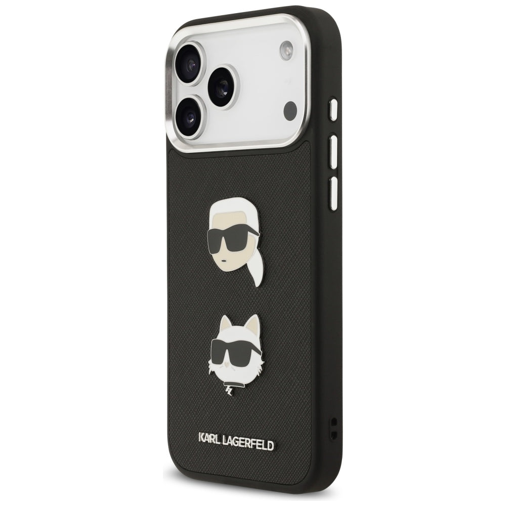 Case for Apple iPhone 17 Pro Max, Karl Lagerfeld, Grained Karl & Choupette's Heads Pins and Logo, Black