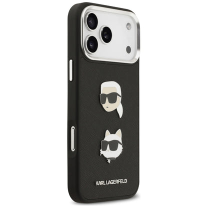 Case for Apple iPhone 17 Pro Max, Karl Lagerfeld, Grained Karl & Choupette's Heads Pins and Logo, Black