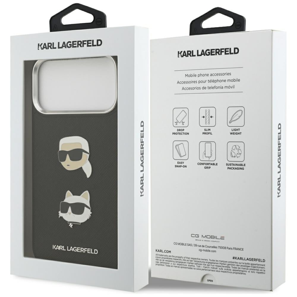Case for Apple iPhone 17 Pro Max, Karl Lagerfeld, Grained Karl & Choupette's Heads Pins and Logo, Black