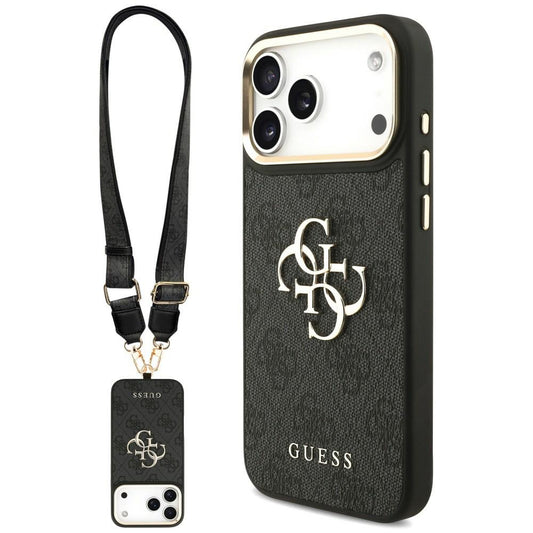 Case for Apple iPhone 18 Pro / 17 Pro, Guess, Big 4G Classic Logo & Big Strap Metal Buttons, Black