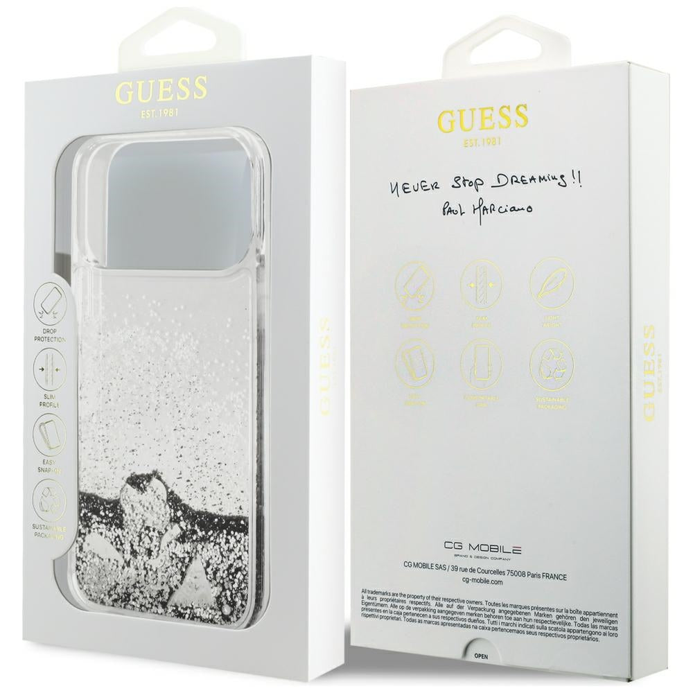Etui do Apple iPhone 18 Pro / 17 Pro, Guess, Liquid Glitter Charms, srebrne