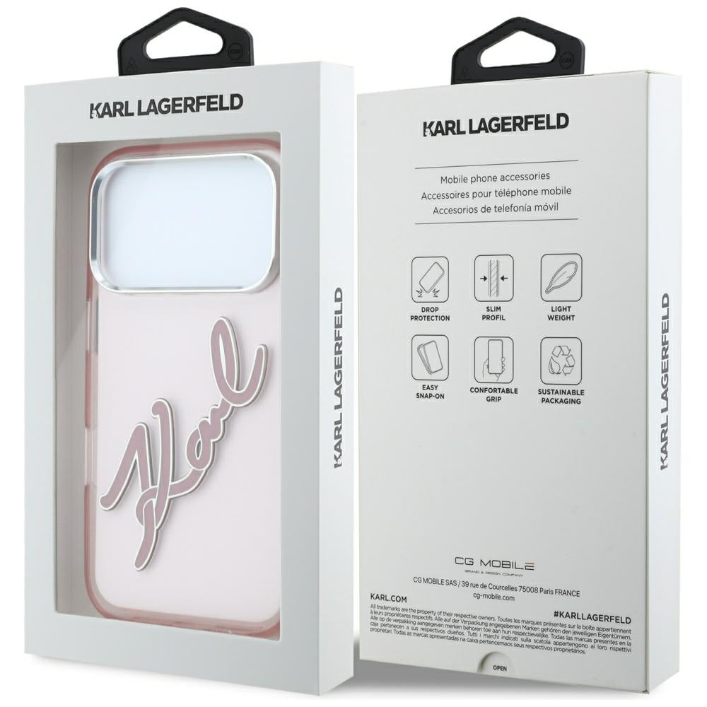 Case for Apple iPhone 18 Pro / 17 Pro, Karl Lagerfeld, IML Big Signature Resin Logo and Metal Frame, Pink