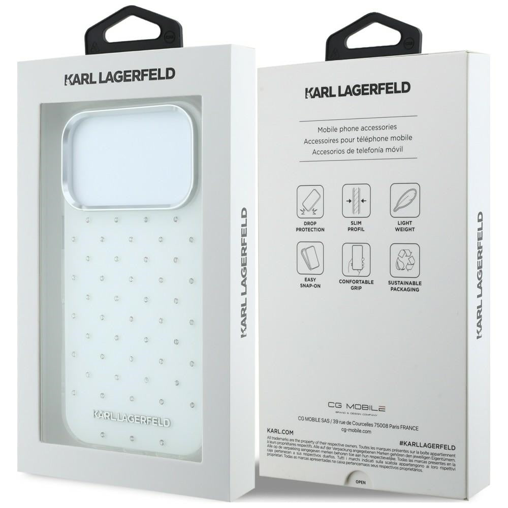 Case for Apple iPhone 18 Pro / 17 Pro, Karl Lagerfeld, IML Rhinestones and Electroplated Logo, White