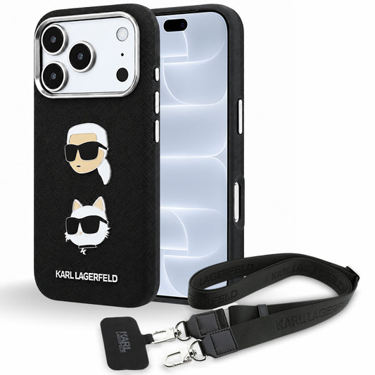 Etui do Apple iPhone 18 Pro / 17 Pro, Karl Lagerfeld, Saffiano Crossbody Karl & Choupette Head's Pins Logo, czarne