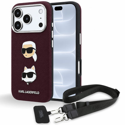Etui do Apple iPhone 18 Pro / 17 Pro, Karl Lagerfeld, Saffiano Crossbody Karl & Choupette Head's Pins Logo, bordowe