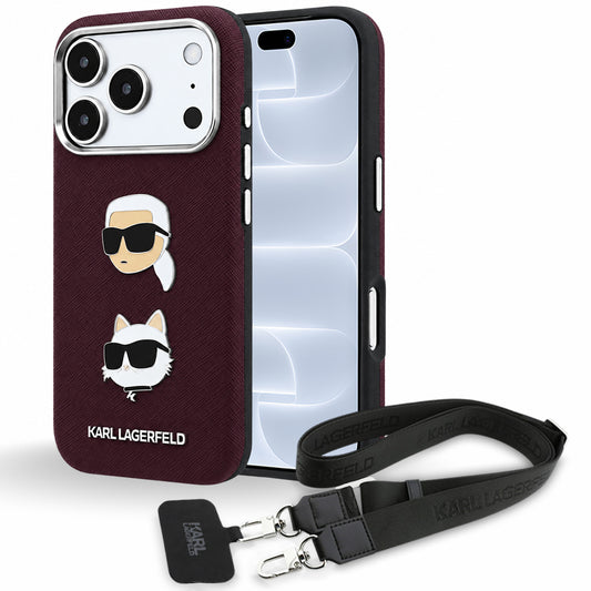 Etui do Apple iPhone 18 Pro / 17 Pro, Karl Lagerfeld, Saffiano Crossbody Karl & Choupette Head's Pins Logo, bordowe