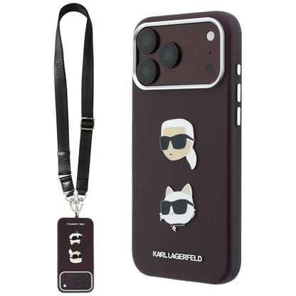 Etui do Apple iPhone 18 Pro / 17 Pro, Karl Lagerfeld, Saffiano Crossbody Karl & Choupette Head's Pins Logo, bordowe