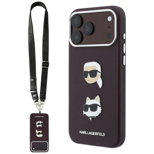 Etui do Apple iPhone 18 Pro / 17 Pro, Karl Lagerfeld, Saffiano Crossbody Karl & Choupette Head's Pins Logo, bordowe