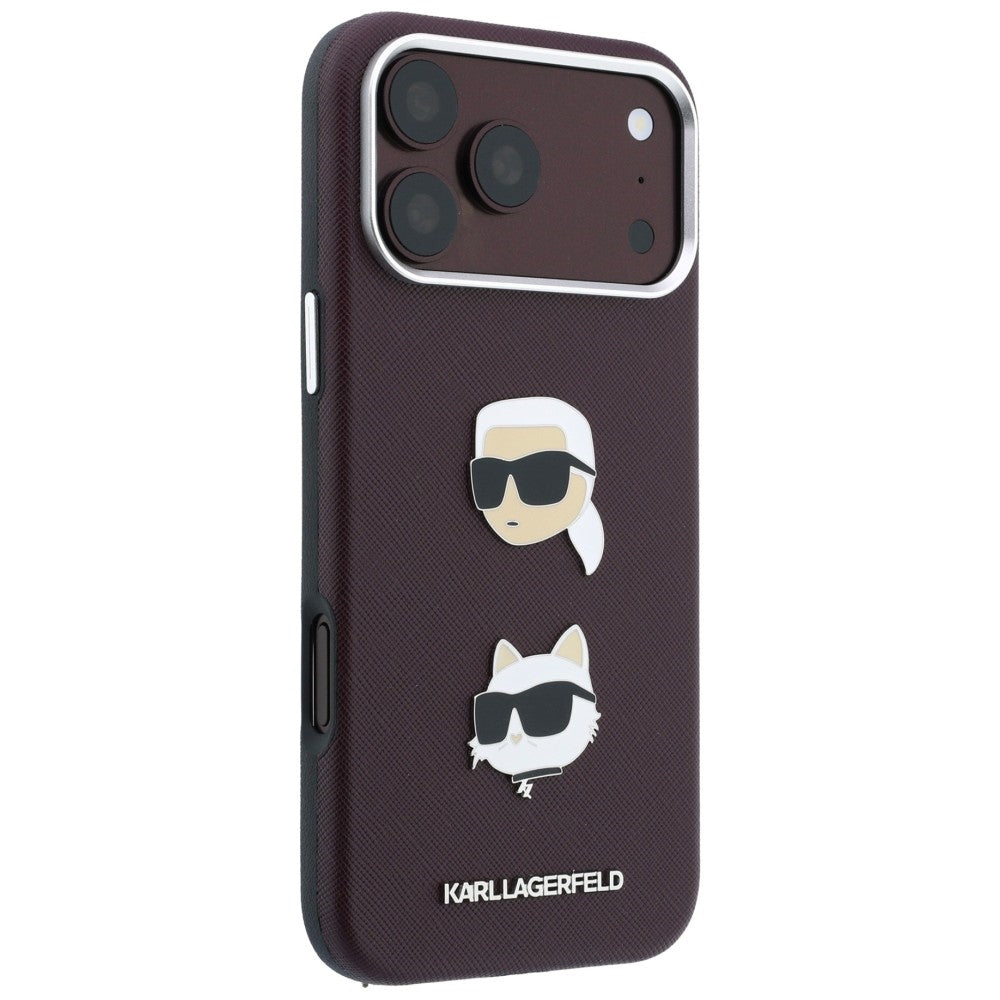 Etui do Apple iPhone 18 Pro / 17 Pro, Karl Lagerfeld, Saffiano Crossbody Karl & Choupette Head's Pins Logo, bordowe