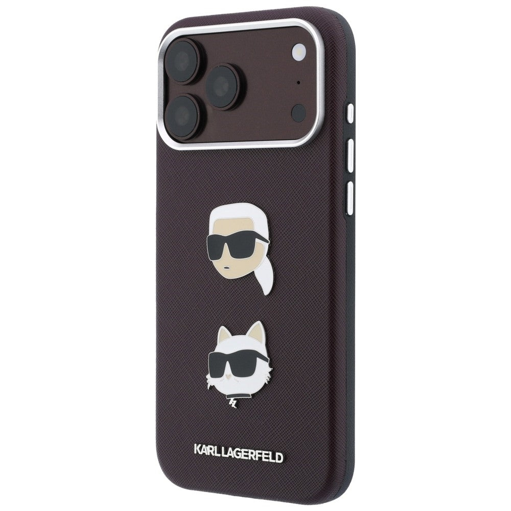 Etui do Apple iPhone 18 Pro / 17 Pro, Karl Lagerfeld, Saffiano Crossbody Karl & Choupette Head's Pins Logo, bordowe