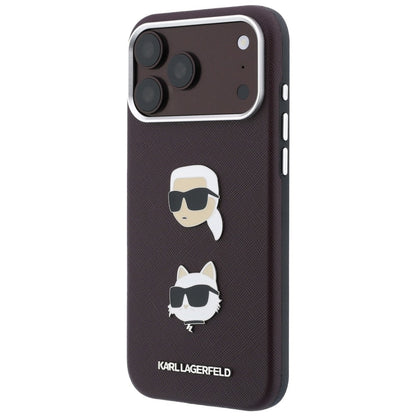 Etui do Apple iPhone 18 Pro / 17 Pro, Karl Lagerfeld, Saffiano Crossbody Karl & Choupette Head's Pins Logo, bordowe