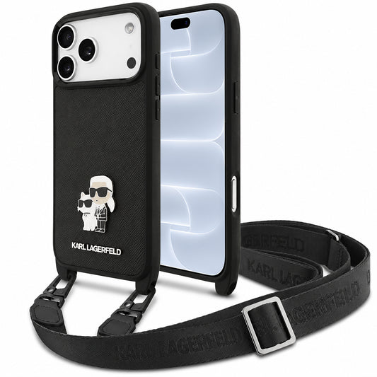 Etui do Apple iPhone 18 Pro / 17 Pro, Karl Lagerfeld, Saffiano Crossbody Metal Pin Karl & Choupette, czarne