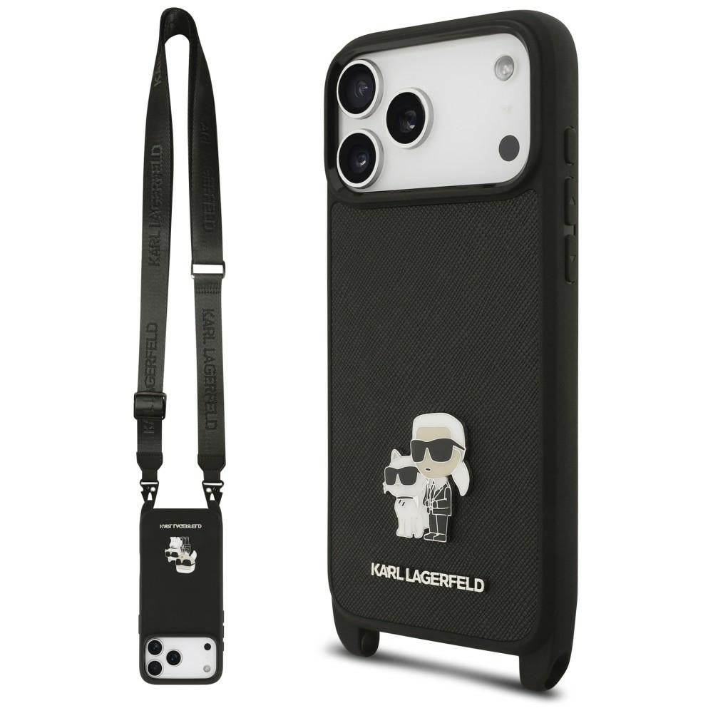 Etui do Apple iPhone 18 Pro / 17 Pro, Karl Lagerfeld, Saffiano Crossbody Metal Pin Karl & Choupette, czarne