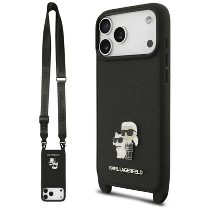 Etui do Apple iPhone 18 Pro / 17 Pro, Karl Lagerfeld, Saffiano Crossbody Metal Pin Karl & Choupette, czarne