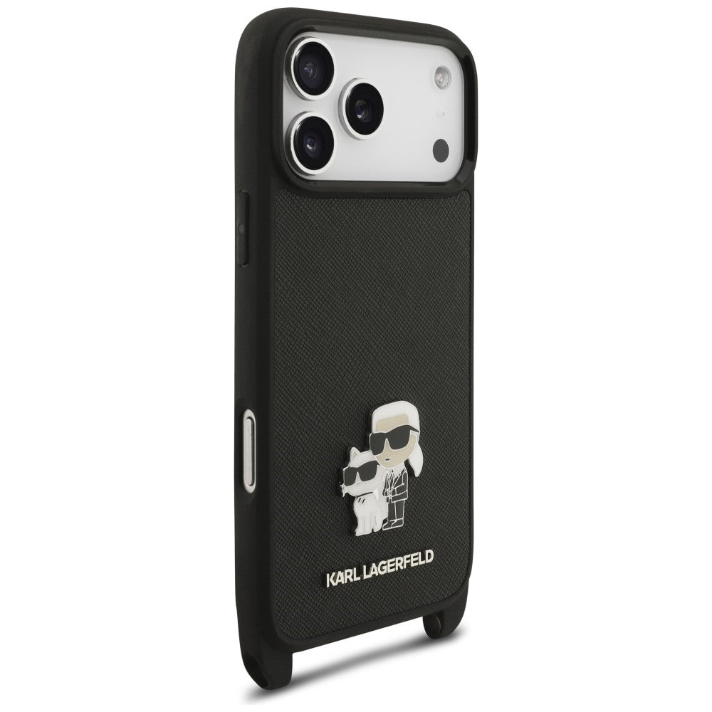 Etui do Apple iPhone 18 Pro / 17 Pro, Karl Lagerfeld, Saffiano Crossbody Metal Pin Karl & Choupette, czarne