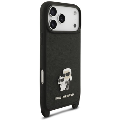 Etui do Apple iPhone 18 Pro / 17 Pro, Karl Lagerfeld, Saffiano Crossbody Metal Pin Karl & Choupette, czarne
