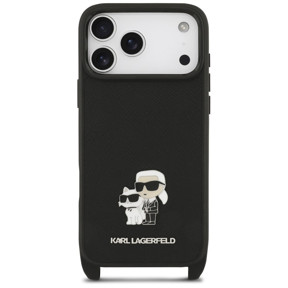 Etui do Apple iPhone 18 Pro / 17 Pro, Karl Lagerfeld, Saffiano Crossbody Metal Pin Karl & Choupette, czarne