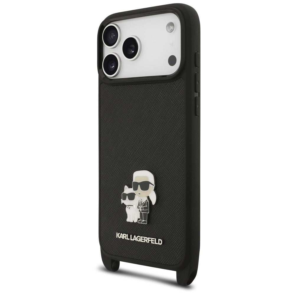Etui do Apple iPhone 18 Pro / 17 Pro, Karl Lagerfeld, Saffiano Crossbody Metal Pin Karl & Choupette, czarne