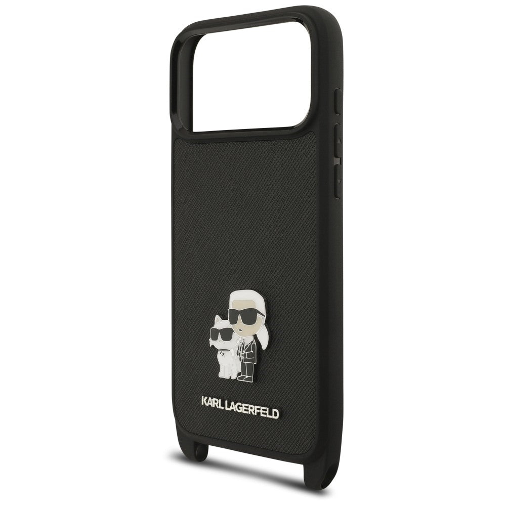 Etui do Apple iPhone 18 Pro / 17 Pro, Karl Lagerfeld, Saffiano Crossbody Metal Pin Karl & Choupette, czarne