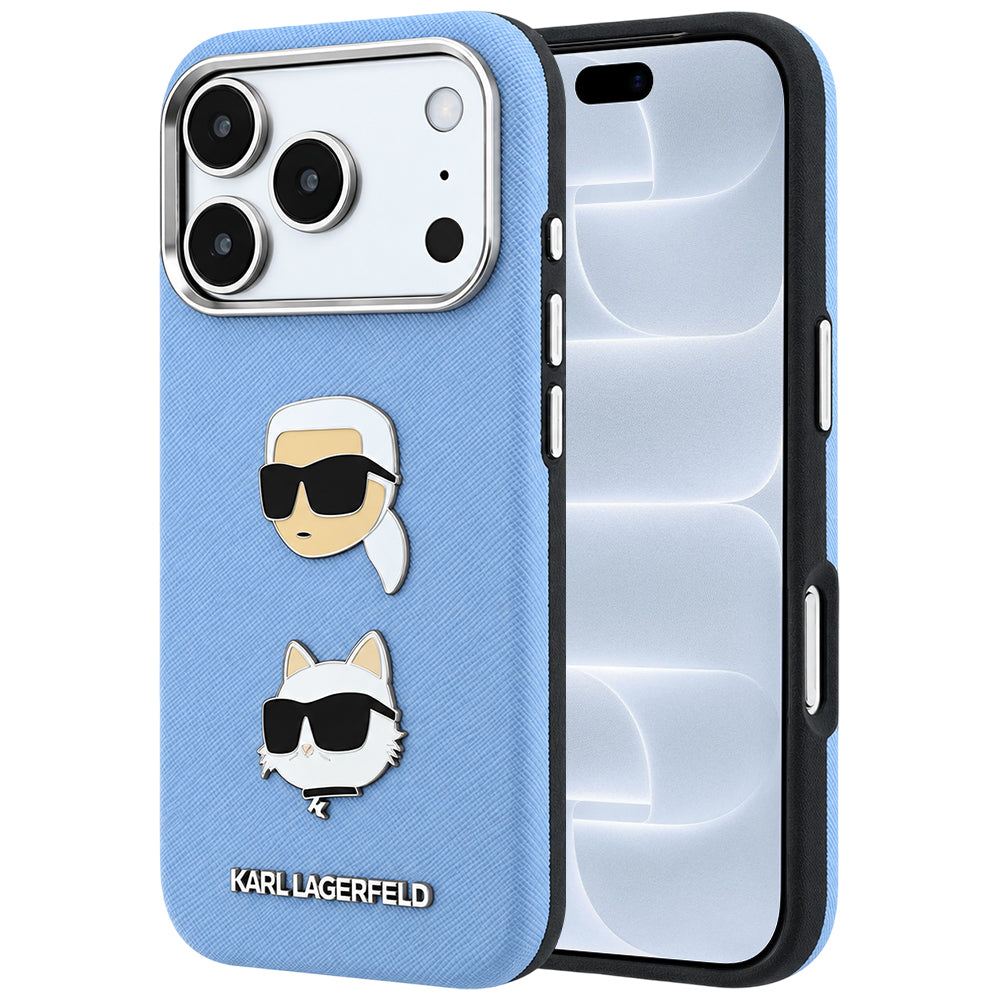 Etui do Apple iPhone 18 Pro / 17 Pro, Karl Lagerfeld, Saffiano z przypinką z głowami Karla i Choupette oraz logo, niebieski