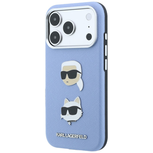 Etui do Apple iPhone 18 Pro / 17 Pro, Karl Lagerfeld, Saffiano z przypinką z głowami Karla i Choupette oraz logo, niebieski