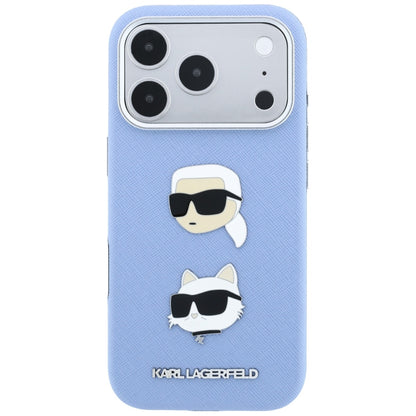 Etui do Apple iPhone 18 Pro / 17 Pro, Karl Lagerfeld, Saffiano z przypinką z głowami Karla i Choupette oraz logo, niebieski