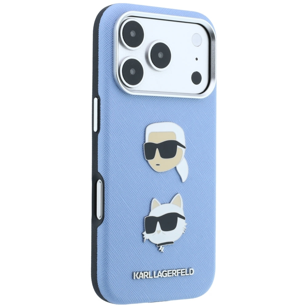 Etui do Apple iPhone 18 Pro / 17 Pro, Karl Lagerfeld, Saffiano z przypinką z głowami Karla i Choupette oraz logo, niebieski