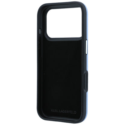 Etui do Apple iPhone 18 Pro / 17 Pro, Karl Lagerfeld, Saffiano z przypinką z głowami Karla i Choupette oraz logo, niebieski