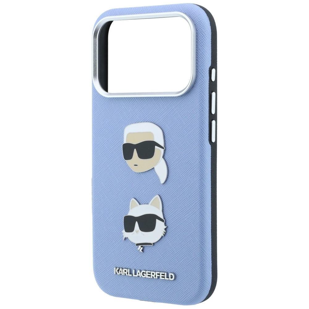 Etui do Apple iPhone 18 Pro / 17 Pro, Karl Lagerfeld, Saffiano z przypinką z głowami Karla i Choupette oraz logo, niebieski