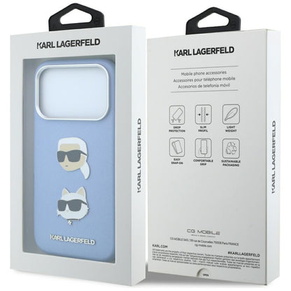 Etui do Apple iPhone 18 Pro / 17 Pro, Karl Lagerfeld, Saffiano z przypinką z głowami Karla i Choupette oraz logo, niebieski