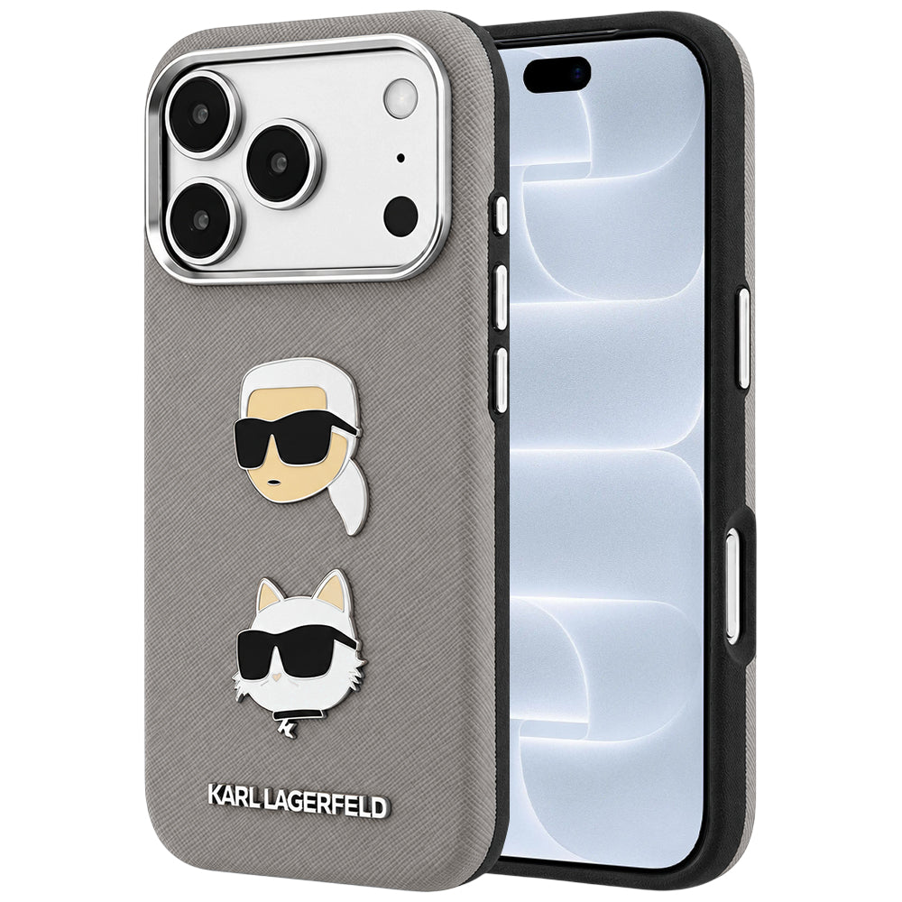 Etui do Apple iPhone 18 Pro / 17 Pro, Karl Lagerfeld, Saffiano z przypinką z głową Karla i Choupette oraz logo, szary