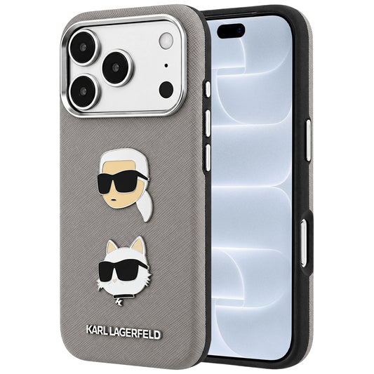 Etui do Apple iPhone 18 Pro / 17 Pro, Karl Lagerfeld, Saffiano z przypinką z głową Karla i Choupette oraz logo, szary