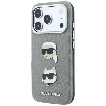Etui do Apple iPhone 18 Pro / 17 Pro, Karl Lagerfeld, Saffiano z przypinką z głową Karla i Choupette oraz logo, szary