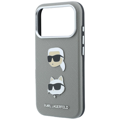 Etui do Apple iPhone 18 Pro / 17 Pro, Karl Lagerfeld, Saffiano z przypinką z głową Karla i Choupette oraz logo, szary