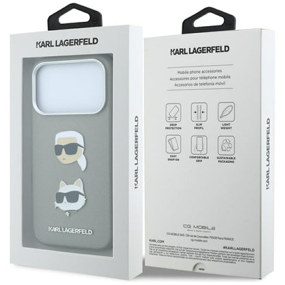 Etui do Apple iPhone 18 Pro / 17 Pro, Karl Lagerfeld, Saffiano z przypinką z głową Karla i Choupette oraz logo, szary