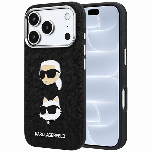 Etui do Apple iPhone 18 Pro / 17 Pro, Karl Lagerfeld, Saffiano z przypinką z głowami Karla i Choupette oraz logo, czarne