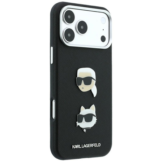Etui do Apple iPhone 18 Pro / 17 Pro, Karl Lagerfeld, Saffiano z przypinką z głowami Karla i Choupette oraz logo, czarne