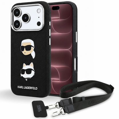 Etui do Apple iPhone 18 Pro Max / 17 Pro Max, Karl Lagerfeld, Saffiano Crossbody Karl & Choupette Head's Pins Logo, czarne
