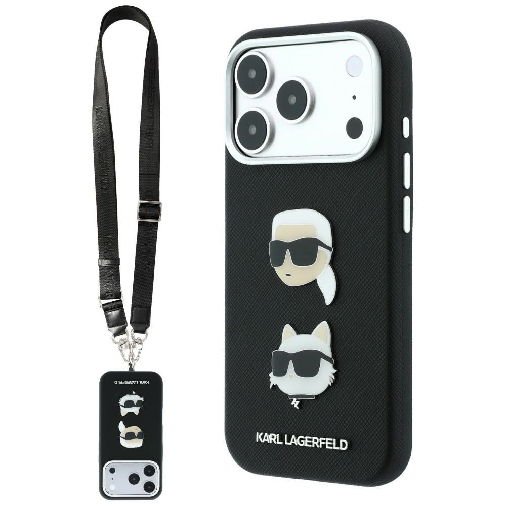 Etui do Apple iPhone 18 Pro Max / 17 Pro Max, Karl Lagerfeld, Saffiano Crossbody Karl & Choupette Head's Pins Logo, czarne