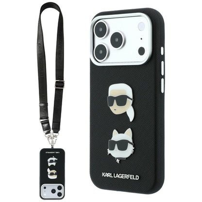 Etui do Apple iPhone 18 Pro Max / 17 Pro Max, Karl Lagerfeld, Saffiano Crossbody Karl & Choupette Head's Pins Logo, czarne