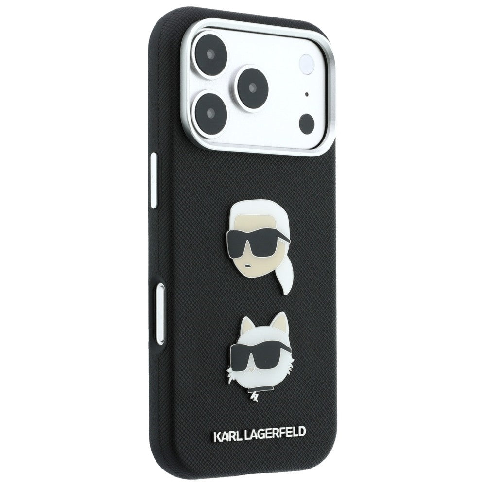 Etui do Apple iPhone 18 Pro Max / 17 Pro Max, Karl Lagerfeld, Saffiano Crossbody Karl & Choupette Head's Pins Logo, czarne