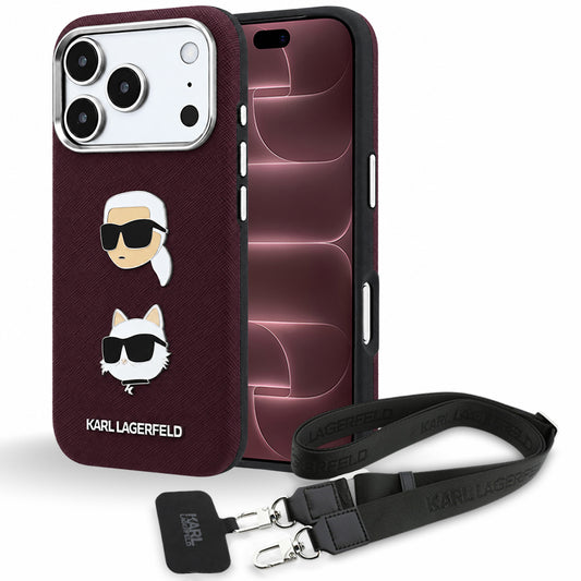 Etui do Apple iPhone 18 Pro Max / 17 Pro Max, Karl Lagerfeld, Saffiano Crossbody Karl & Choupette Head's Pins Logo, bordowe