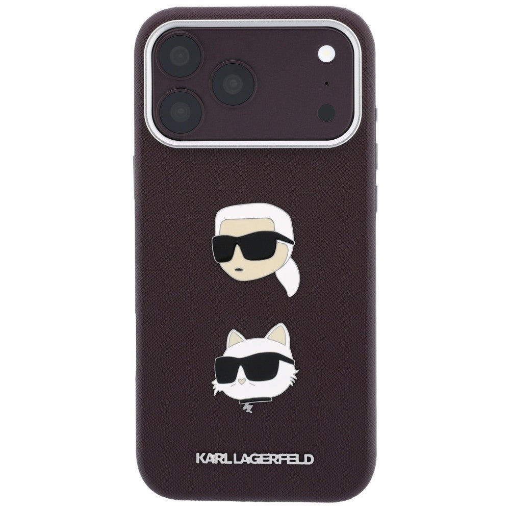 Etui do Apple iPhone 18 Pro Max / 17 Pro Max, Karl Lagerfeld, Saffiano Crossbody Karl & Choupette Head's Pins Logo, bordowe
