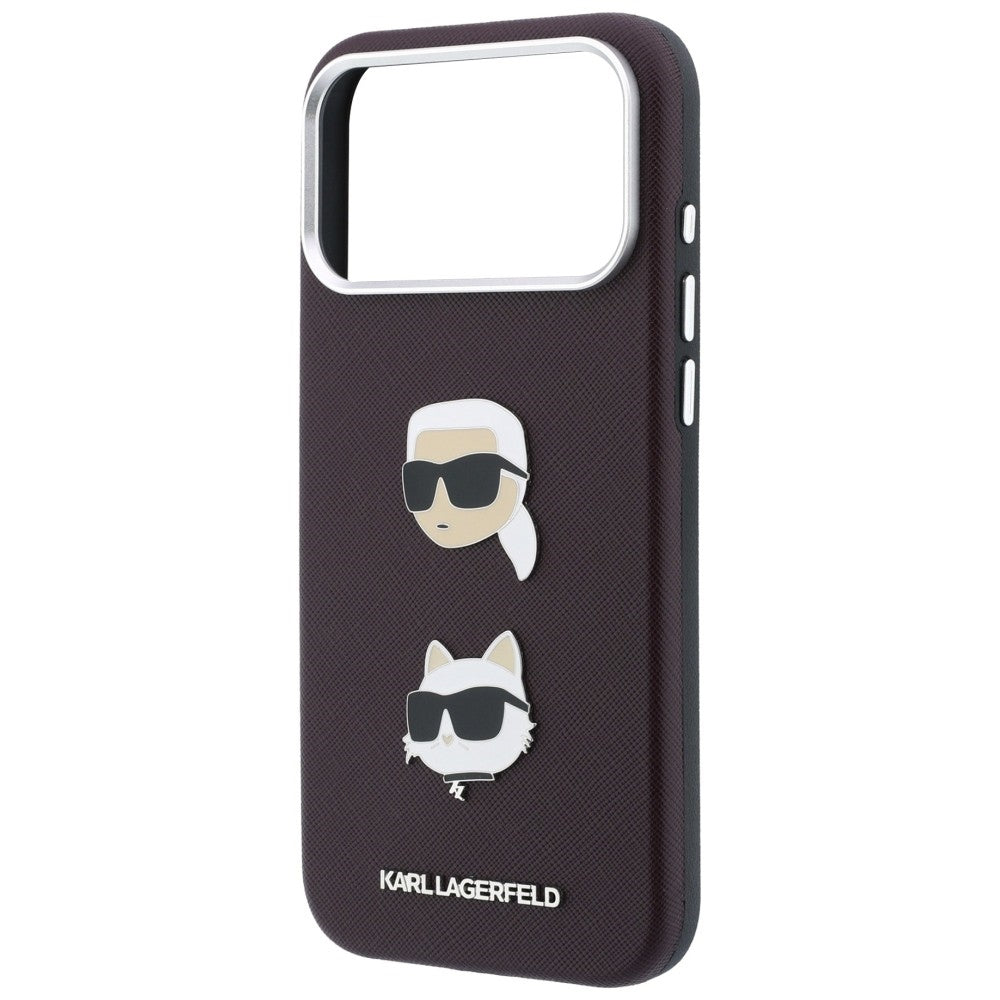 Etui do Apple iPhone 18 Pro Max / 17 Pro Max, Karl Lagerfeld, Saffiano Crossbody Karl & Choupette Head's Pins Logo, bordowe