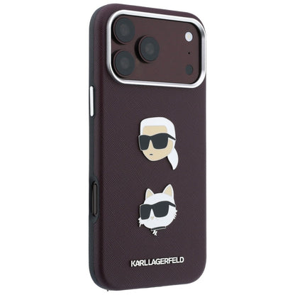 Etui do Apple iPhone 18 Pro Max / 17 Pro Max, Karl Lagerfeld, Saffiano Crossbody Karl & Choupette Head's Pins Logo, bordowe