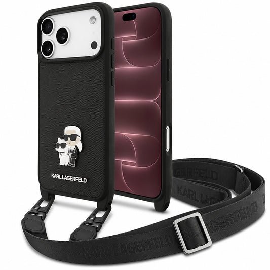 Etui do Apple iPhone 18 Pro Max / 17 Pro Max, Karl Lagerfeld, Saffiano Crossbody Metal Pin Karl & Choupette, czarne