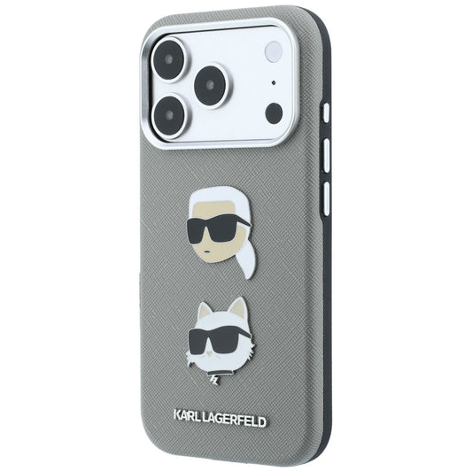 Etui do Apple iPhone 18 Pro Max / 17 Pro Max, Karl Lagerfeld, Saffiano z przypinką z głowami Karla i Choupette oraz logo, szary