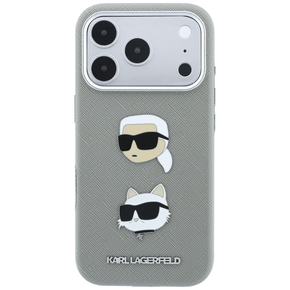 Etui do Apple iPhone 18 Pro Max / 17 Pro Max, Karl Lagerfeld, Saffiano z przypinką z głowami Karla i Choupette oraz logo, szary