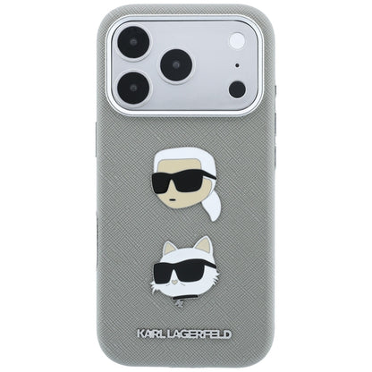 Etui do Apple iPhone 18 Pro Max / 17 Pro Max, Karl Lagerfeld, Saffiano z przypinką z głowami Karla i Choupette oraz logo, szary